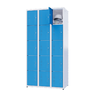 Metalen lockers met vijf deuren in blauwe uitvoering.